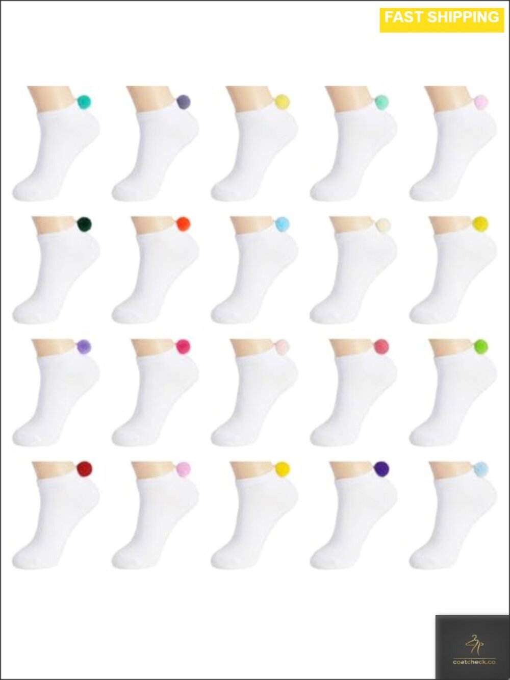 20 Pairs Women Pom Pom Ankle Socks Polyester Cotton Blend Lowcut Seamless
